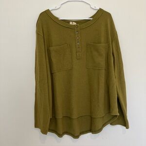 POL Olive Green Waffle Henley Long Sleeve Top Large